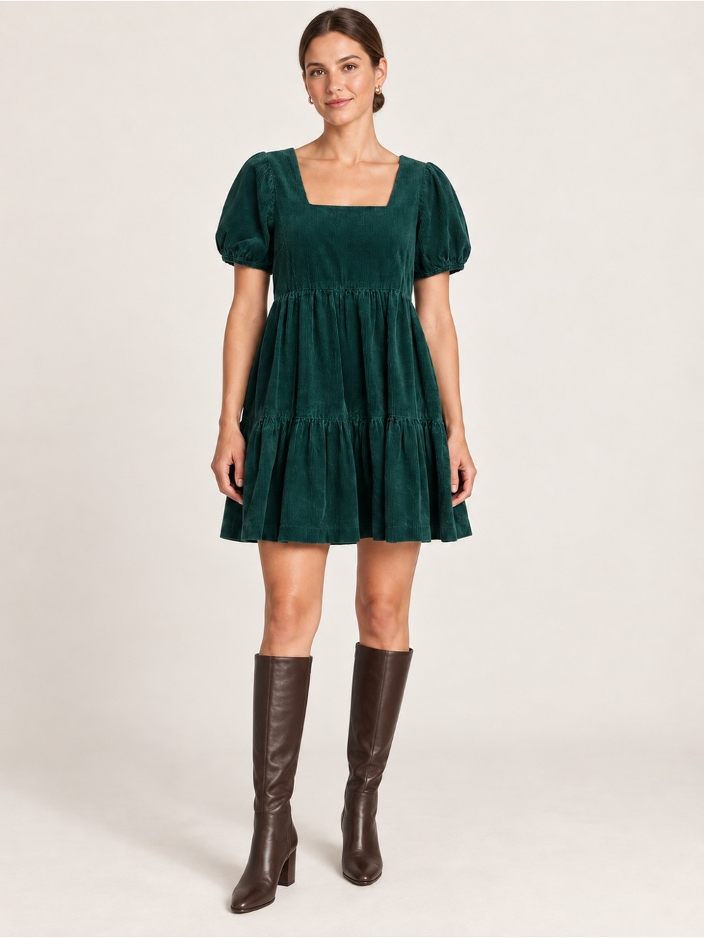 Madewell Aidy Forest Green Corduroy Square Neck Puff Sleeve Mini Dress 4